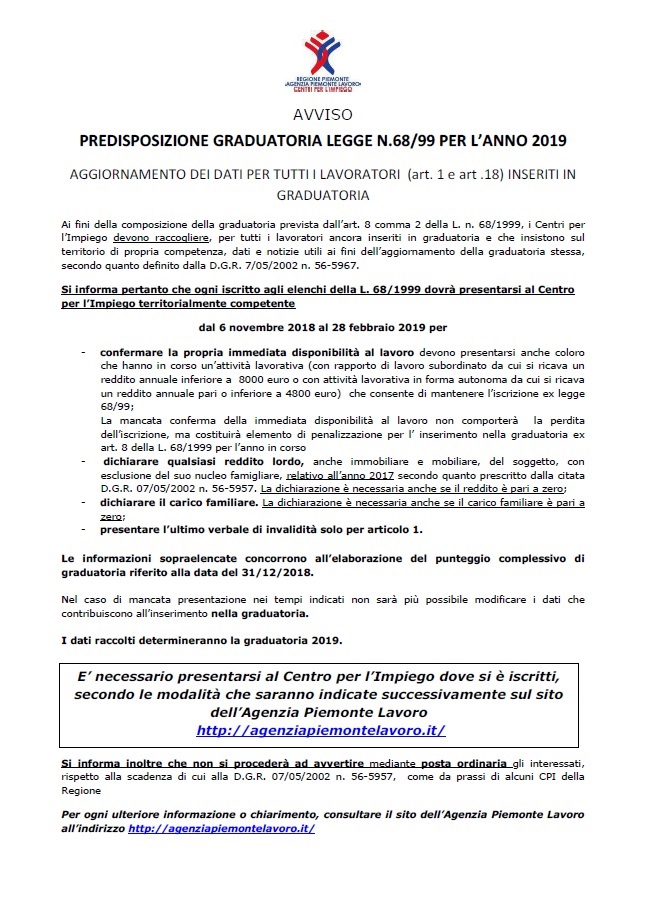 PREDISPOSIZIONE GRADUATORIA LEGGE 68/99 PER L'ANNO 2019 - Comune di